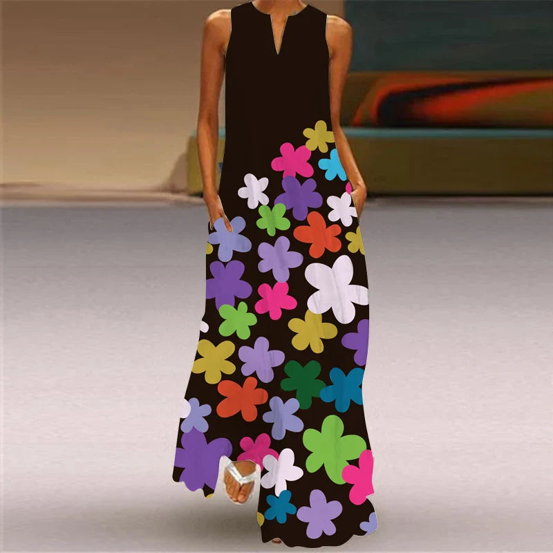 Womens Sleeveless V Neck Printed Maxi Dress For Summer