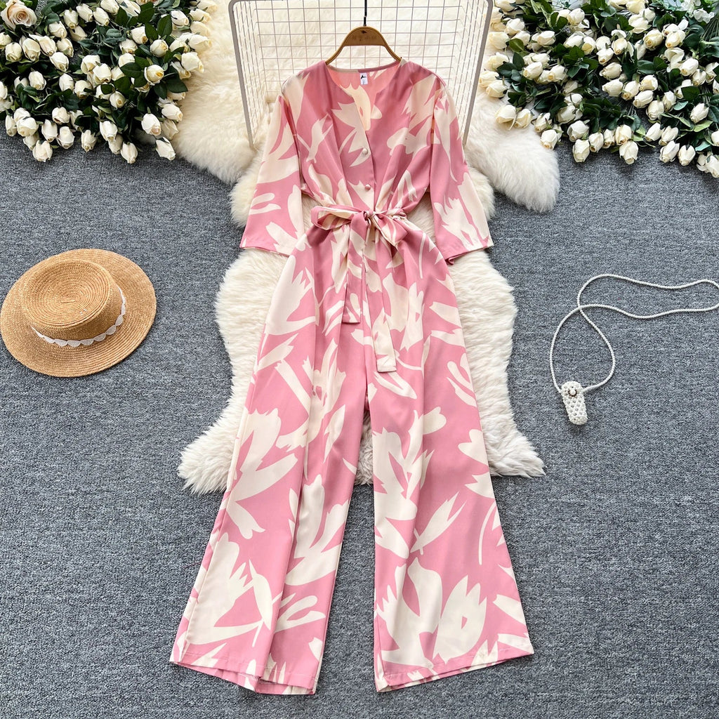 Women's Summer V-Neck Short Sleeve Lace-Up Waist Slim Fit Wide-Leg Printed Jumpsuit with Loose Straight Leg Design