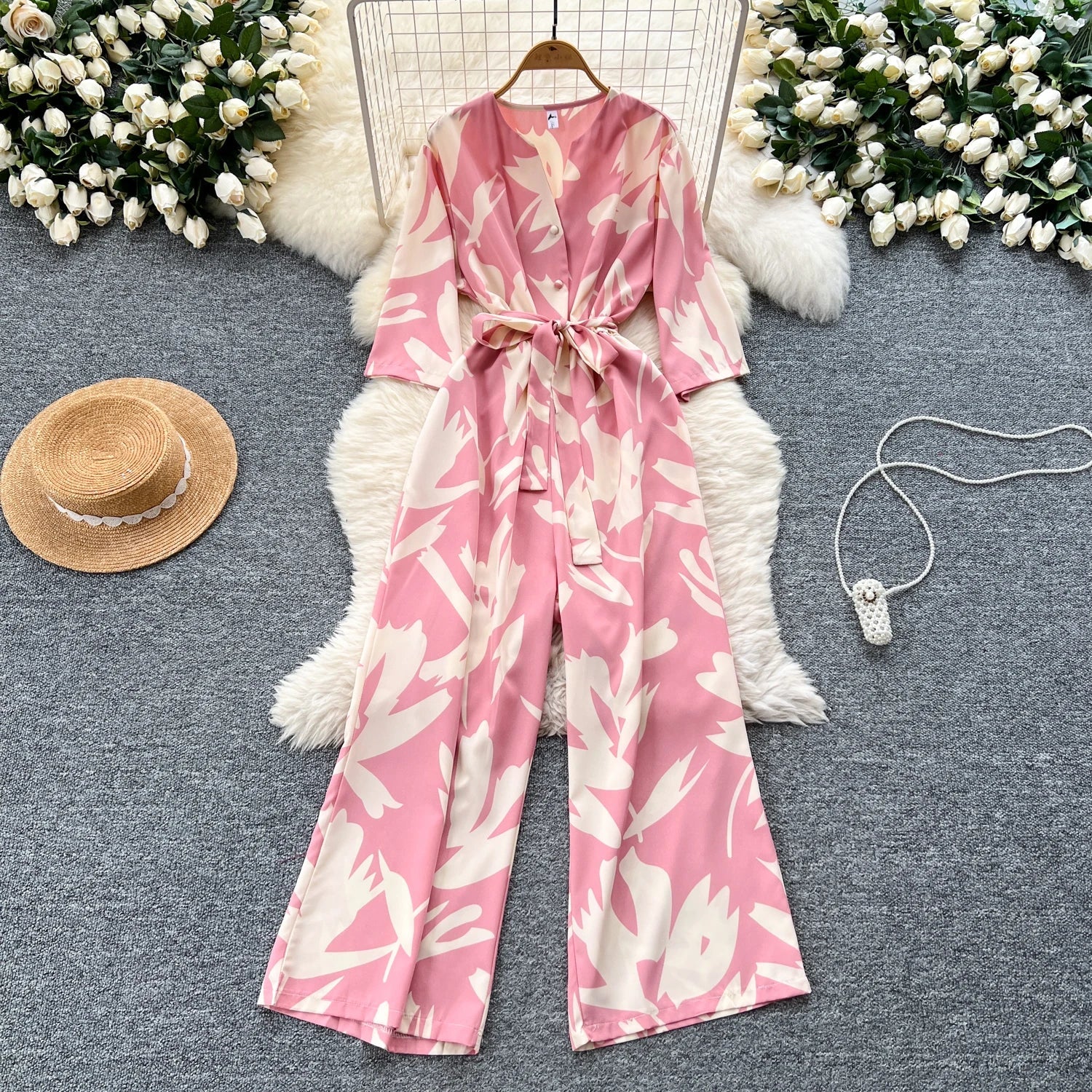 Women's Summer V-Neck Short Sleeve Lace-Up Waist Slim Fit Wide-Leg Printed Jumpsuit with Loose Straight Leg Design