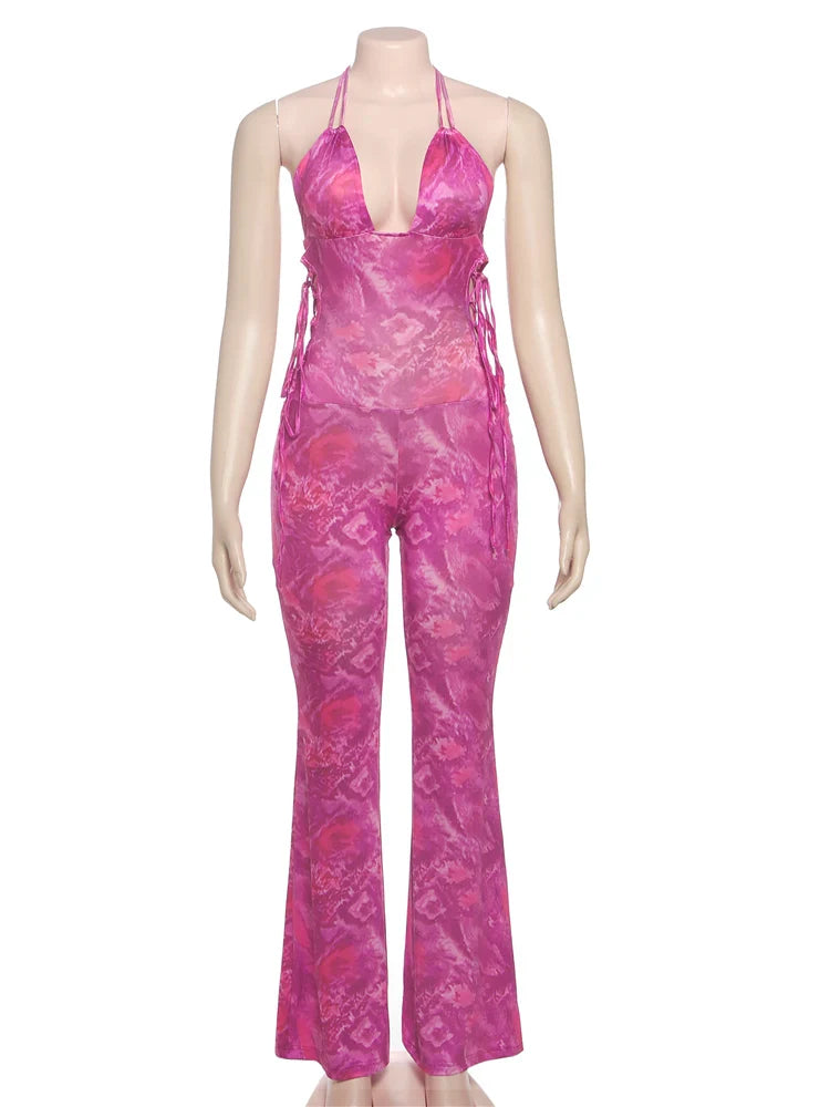 Backless Tie-Dye Side Shirring Jumpsuit for Women Sleeveless Skinny Overalls Sexy Clubwear and Workout Midnight Party Outfit