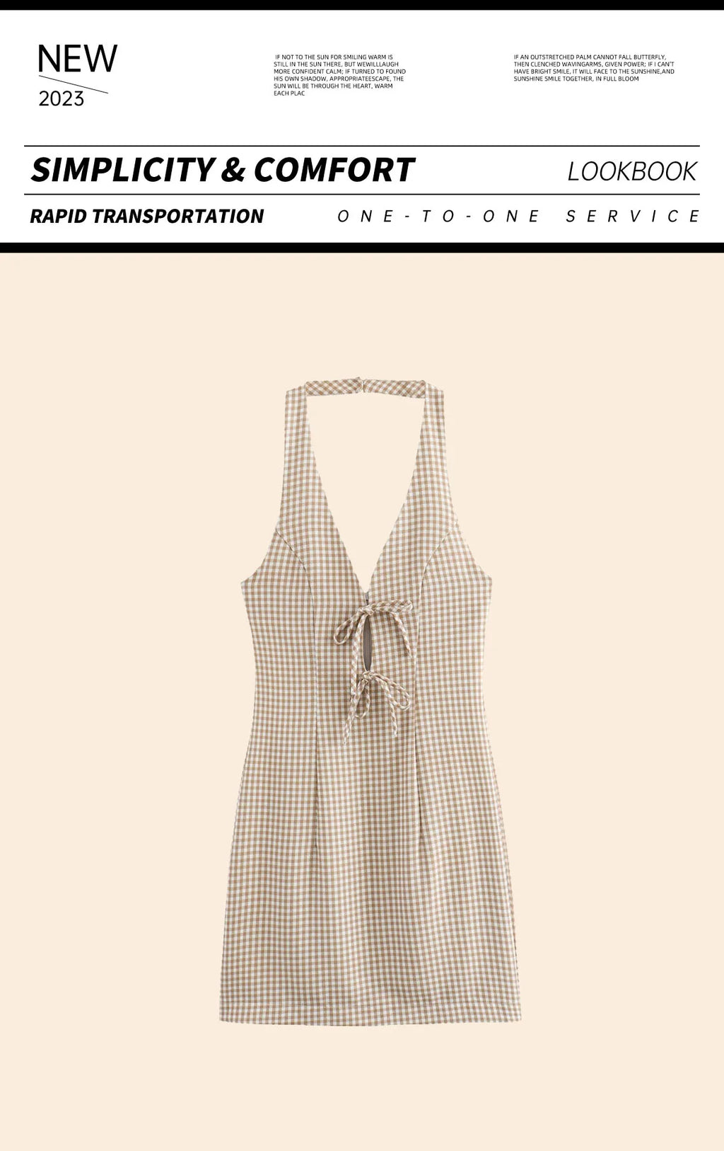 Chic Bow Checkered Dress With Hanging Neck Strap For Women