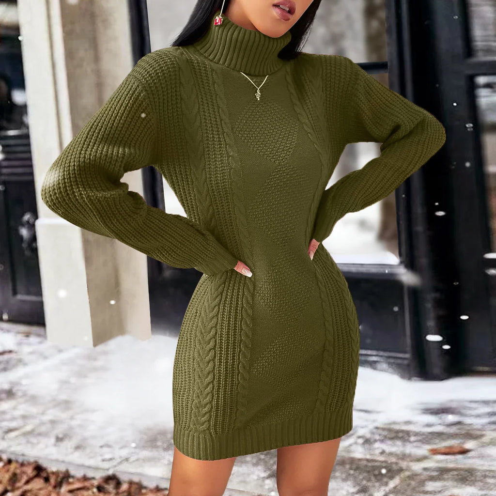 Solid Color Turtleneck Sweater Dress For Women Long Sleeve