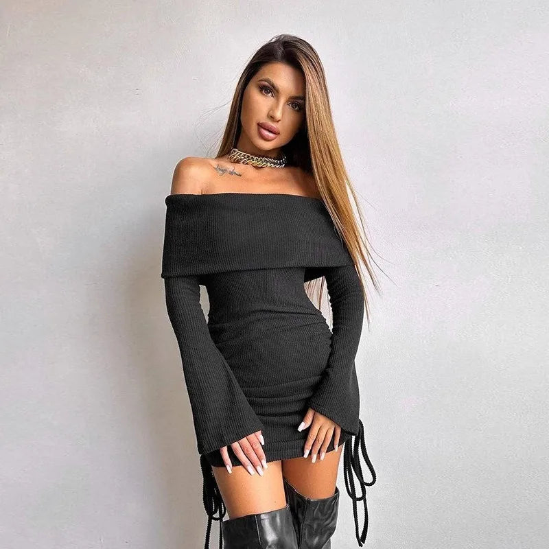 Black Lace Up Long Sleeve Knit Dress For Women Autumn