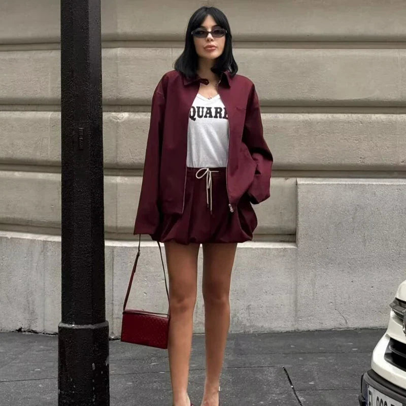 Women's Burgundy Skirt and Long Sleeve Jacket Set Elegant Mini Bow Lantern Sleeve Suit Autumn Outfit Stylish Two-Piece Matching Set