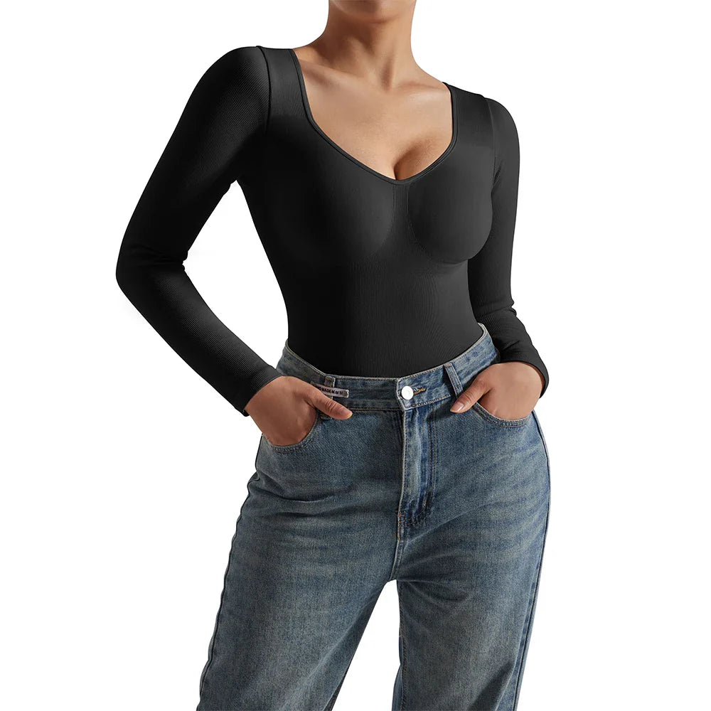 Sexy Long Sleeve Bodysuit for Women Skinny Bodycon V-Neck Push Up Romper Streetwear Jumpsuit