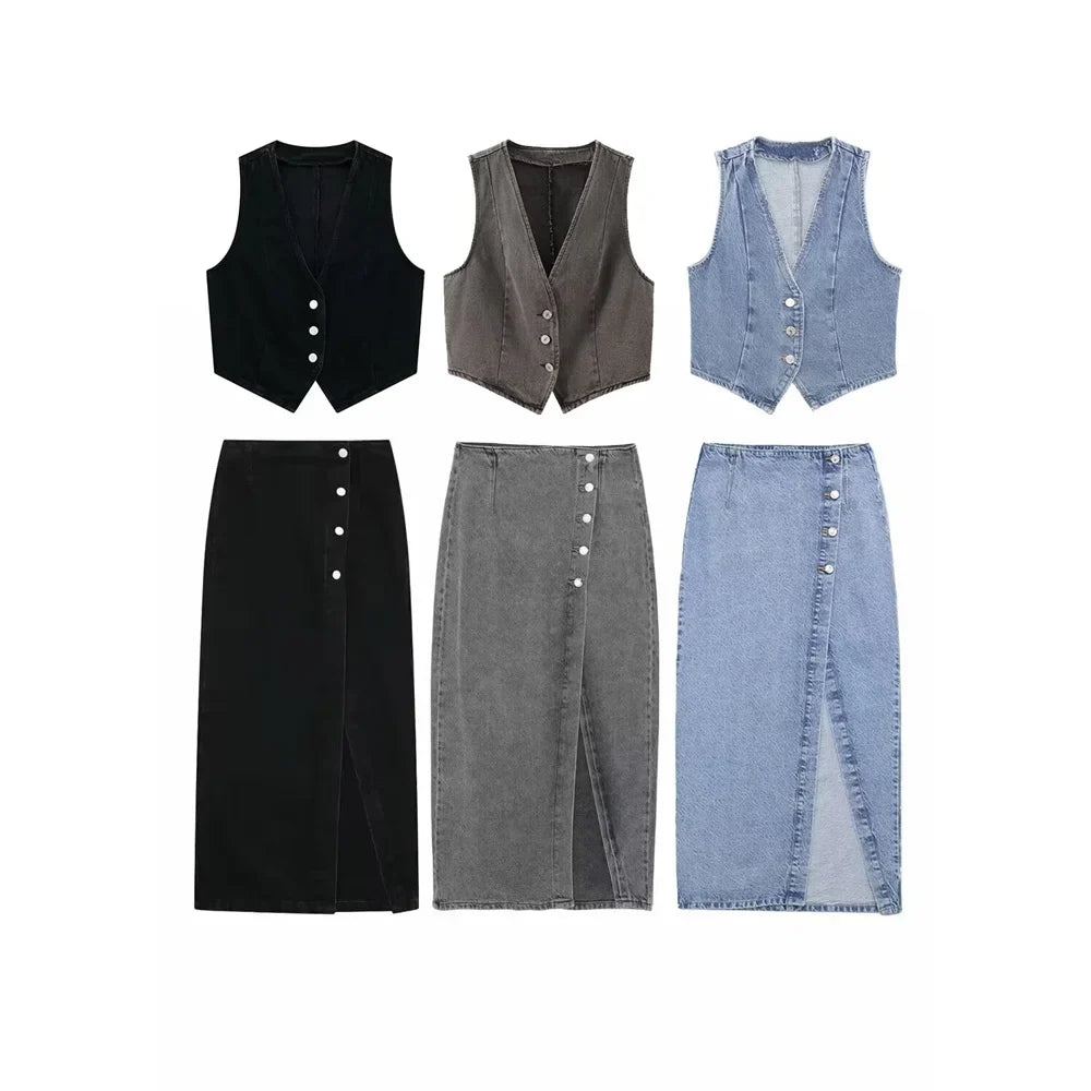 Women's Chic Short Denim Tank Top and Double Breasted Midi Denim Skirt Set Slimming Casual Fashion Ensemble