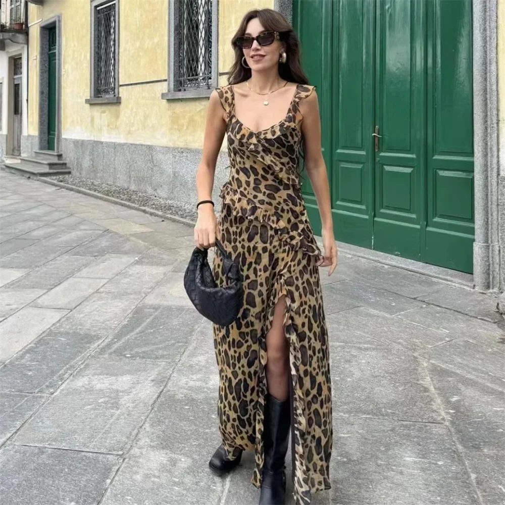 Leopard Print Layered Dress for Women Slim Fit Elegant