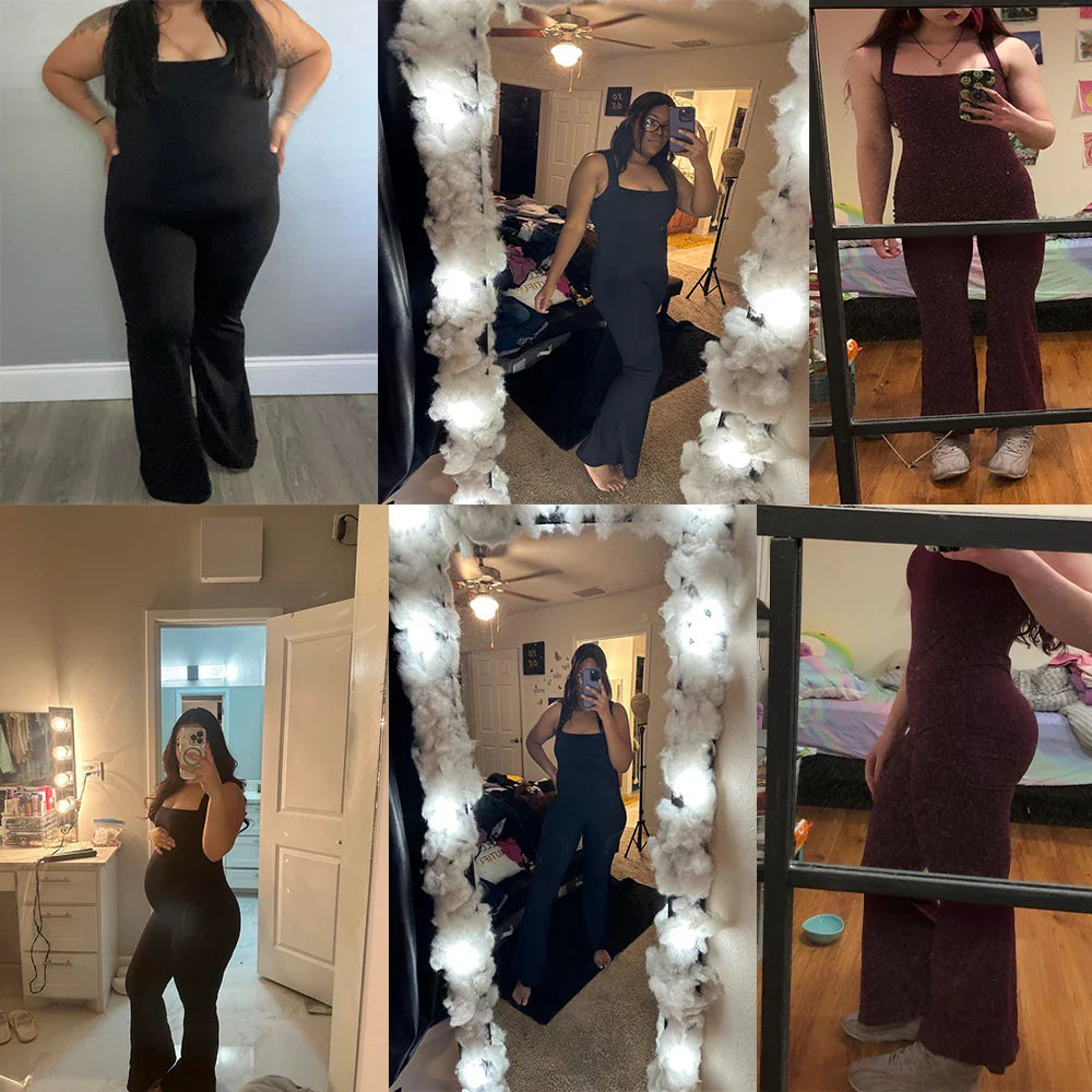 Women's Sleeveless Square Neck Bodysuit with Flared Pants Casual Fitness Jumpsuit Full Season Streetwear Playsuit