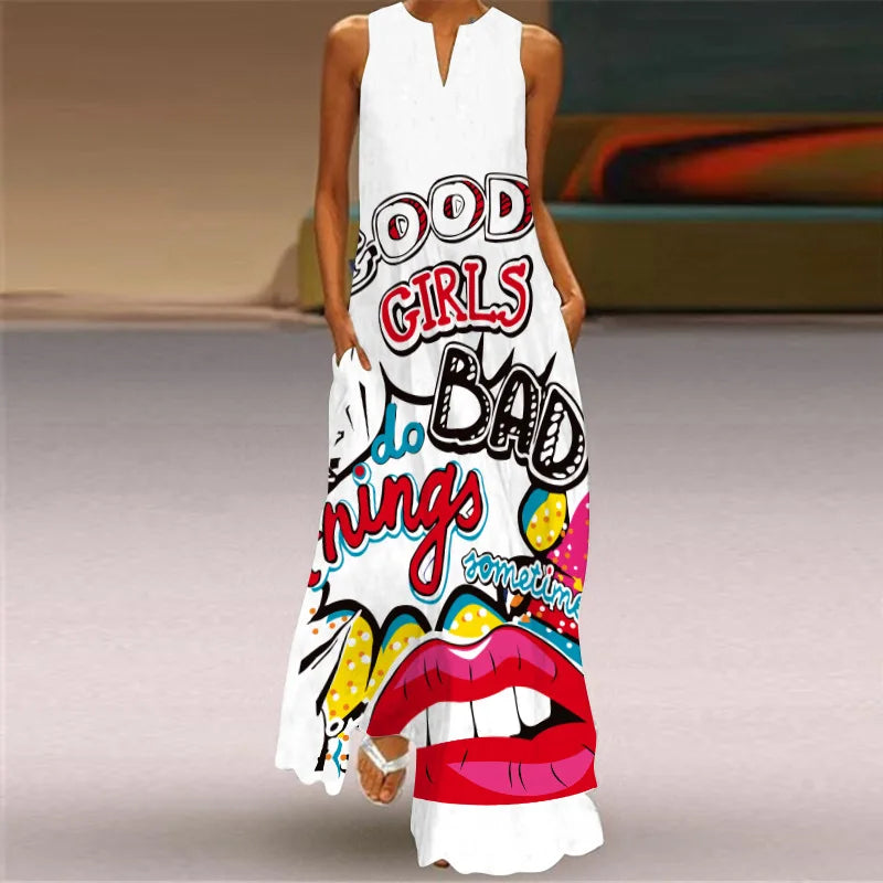 Retro Letter Print Sleeveless Dress With V Neck Style