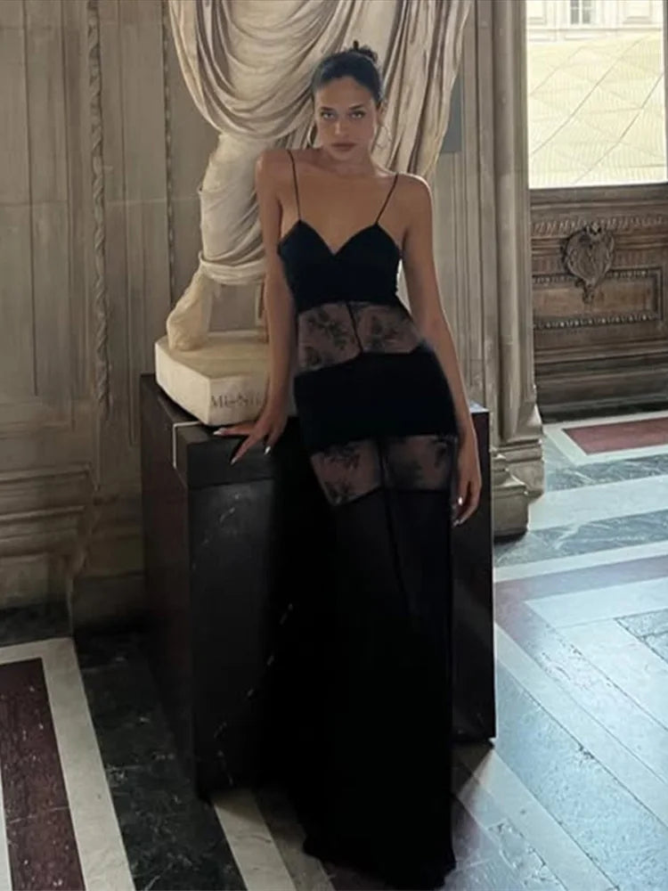 Black Backless Lace Maxi Dress For Women See Through