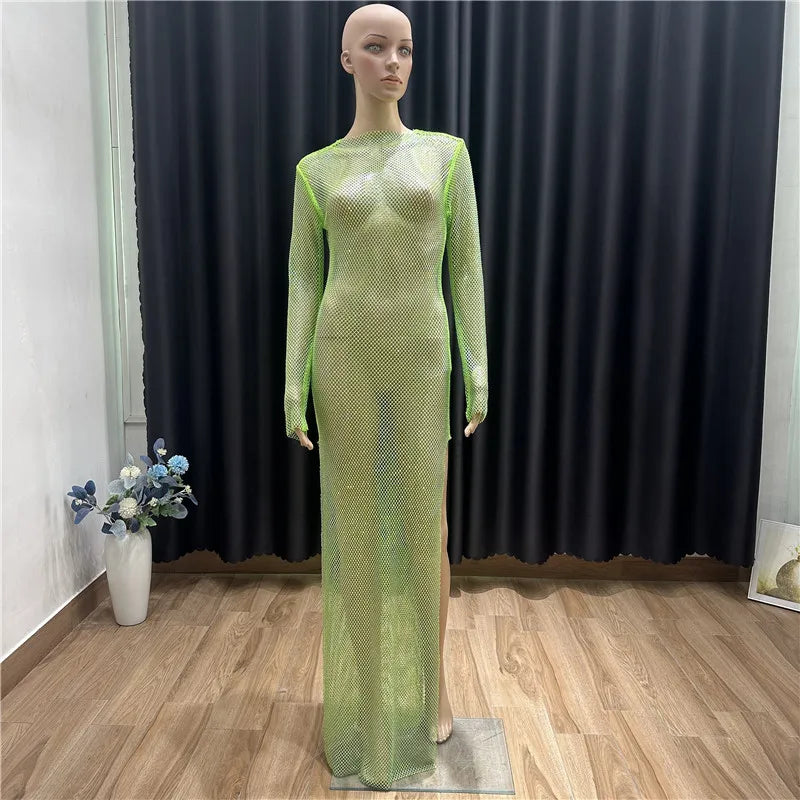 Rhinestone See Through Club Dress With Fishnet Details