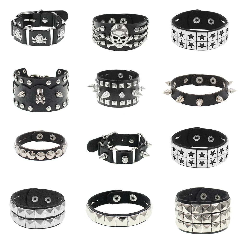 90s Fashion Punk Style Spiked PU Leather Bracelet with Square Studs and Multi-Row Design