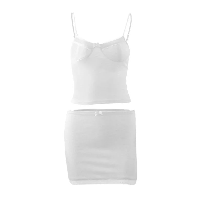 Summer Sexy Two Piece Set Women White Lace Sleeveless Crop Top and Slim Casual Skirt Backless Club Outfit