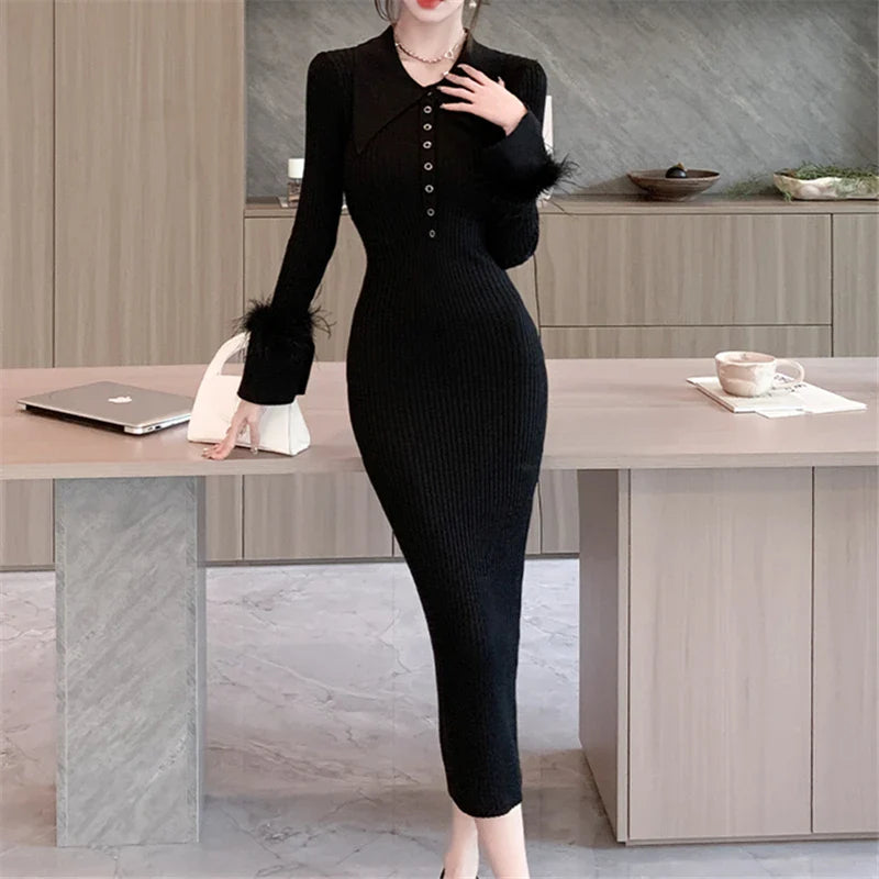 Polo Collar Wrap Knit Dress for Women Long Sleeve Bodycon