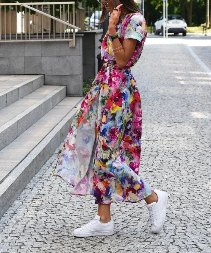 Floral Print Dress Loose Summer V Neck Short Sleeves