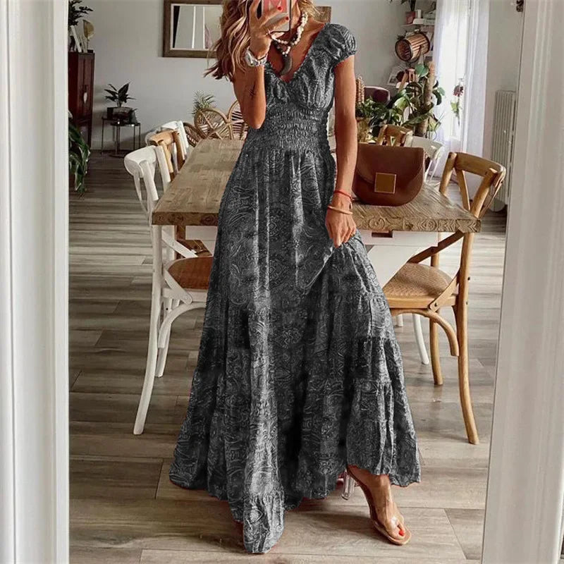 Bohemian Maxi Dress Floral Print Cinched Waist Long