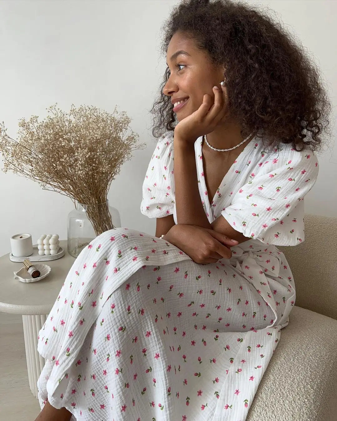 Cotton Lace Up Summer Dress For Women V Neck Casual Office