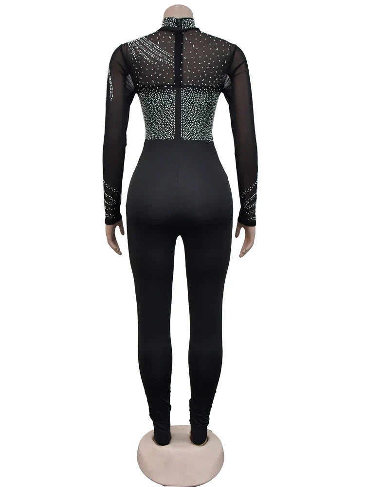 Women's Sheer Mesh Crystal Jumpsuit with Pearls and Rhinestones Long Sleeve Fitted Glam Romper Clubwear One-Piece Outfit
