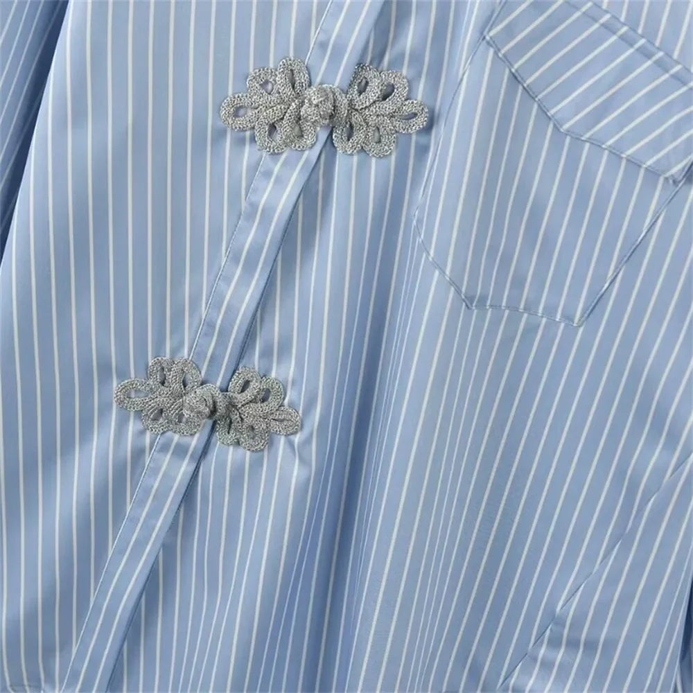 Women's Vertical Stripe Long Sleeve Shirt with Disc Buckle and Irregular Retro Design Slim Fit Casual Office Blouse