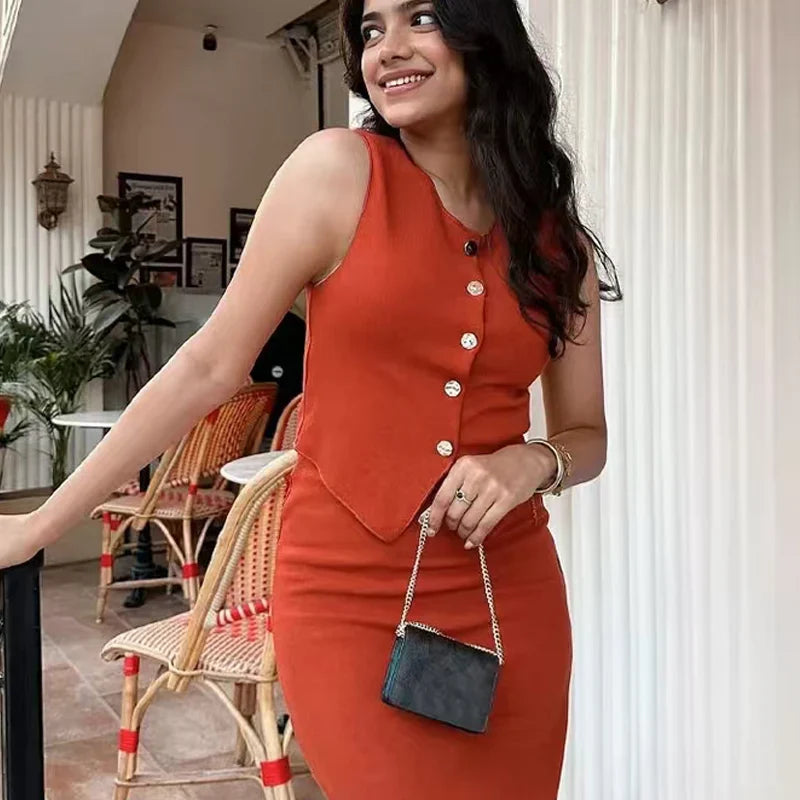 Women's 2 Piece Knit Skirt Set with Cropped Sleeveless Vest and High Waist Slim Fit Skirt in Solid Color with Gold Button Detail