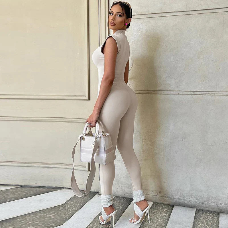 Women's Sleeveless Zipper Neck Sexy Bodycon Jumpsuit One Piece Stylish Summer Streetwear Party Gym Romper Overalls