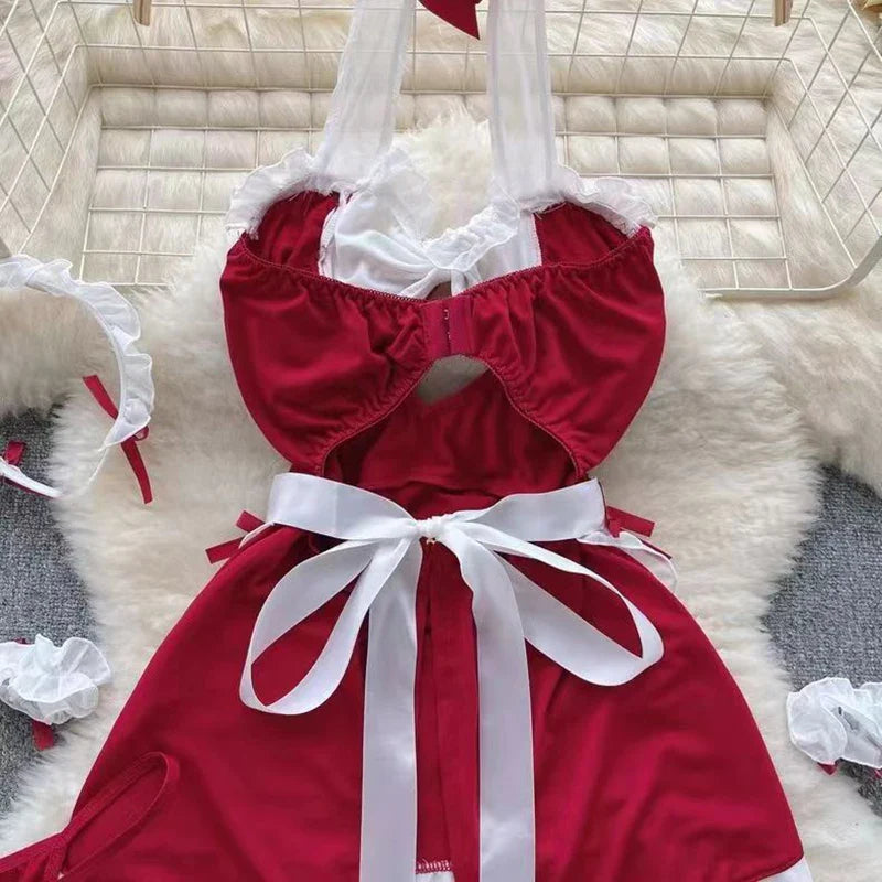 Maid Cosplay Nightwear Set Halter Hollow Out Thong