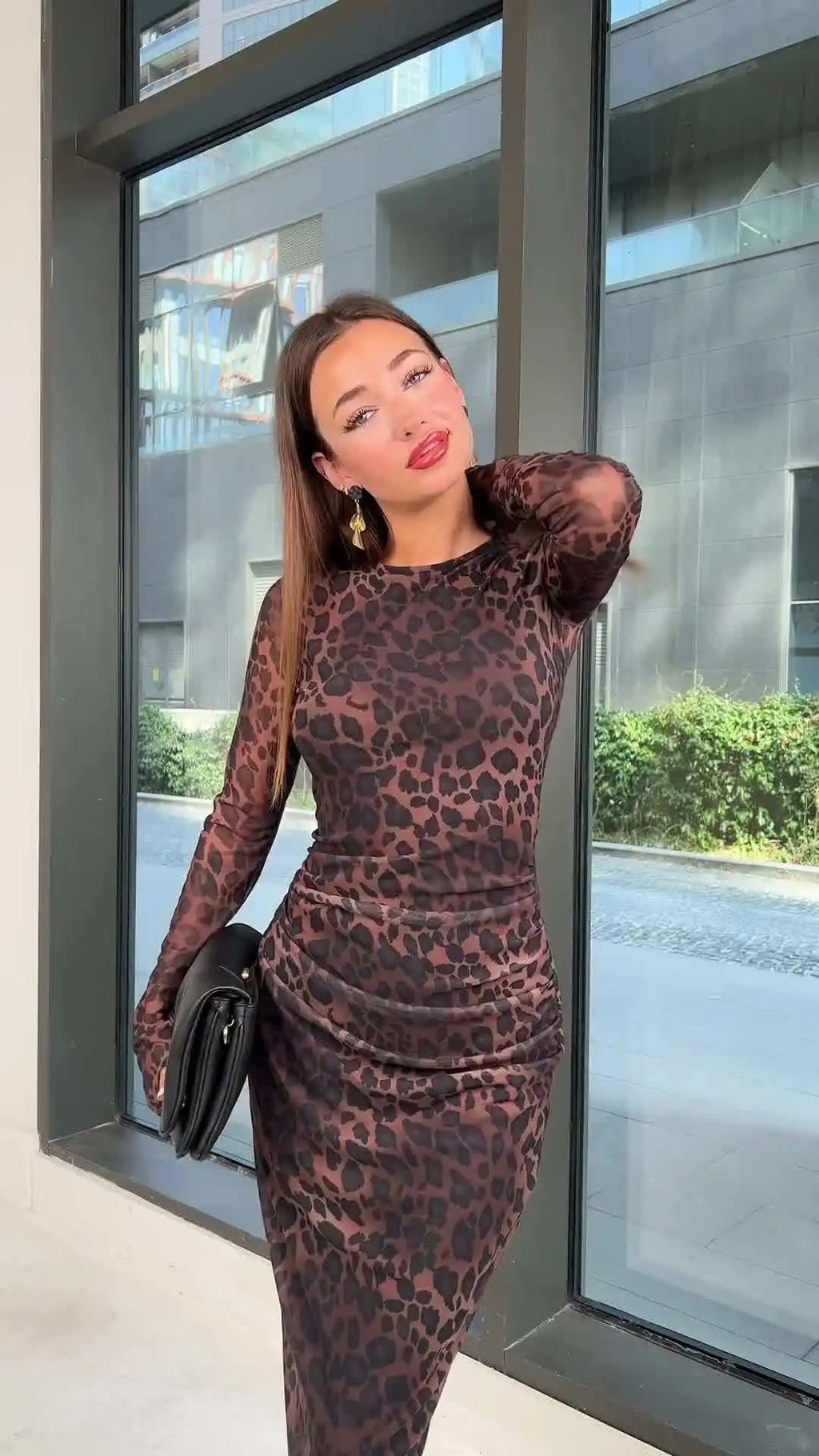 Leopard Print Bodycon Dress Retro Long Sleeve Party Dress