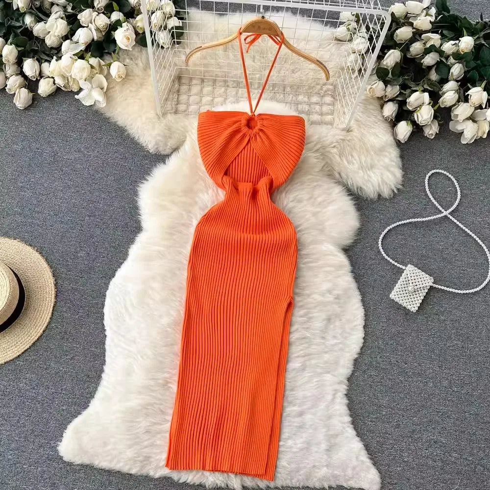 Sexy Knitted Bodycon Dress Women Split Design Party