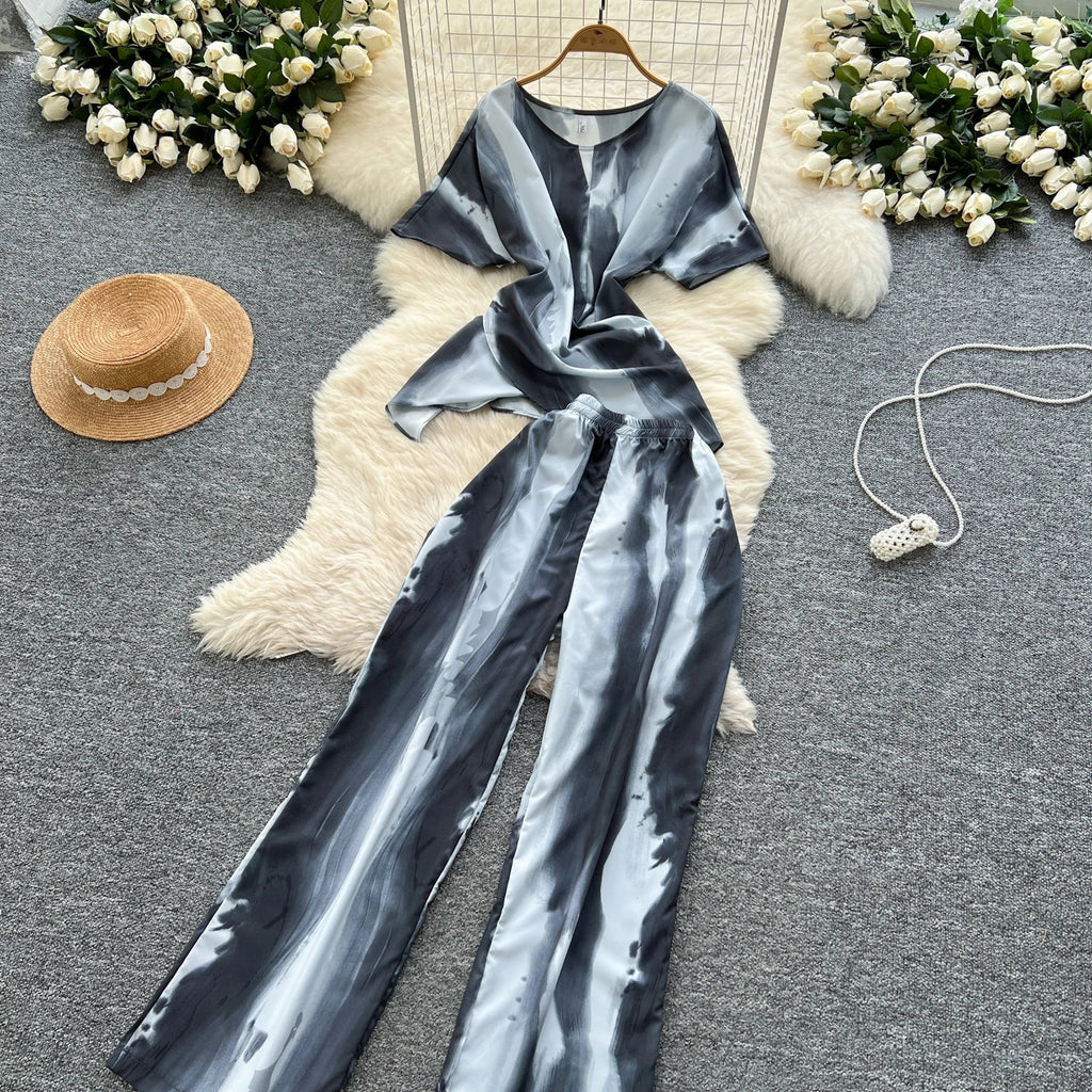 Printed Women Summer Fashion Two Piece Set with Short Sleeve Top and Wide Leg Long Pants for Casual Streetwear Outfits