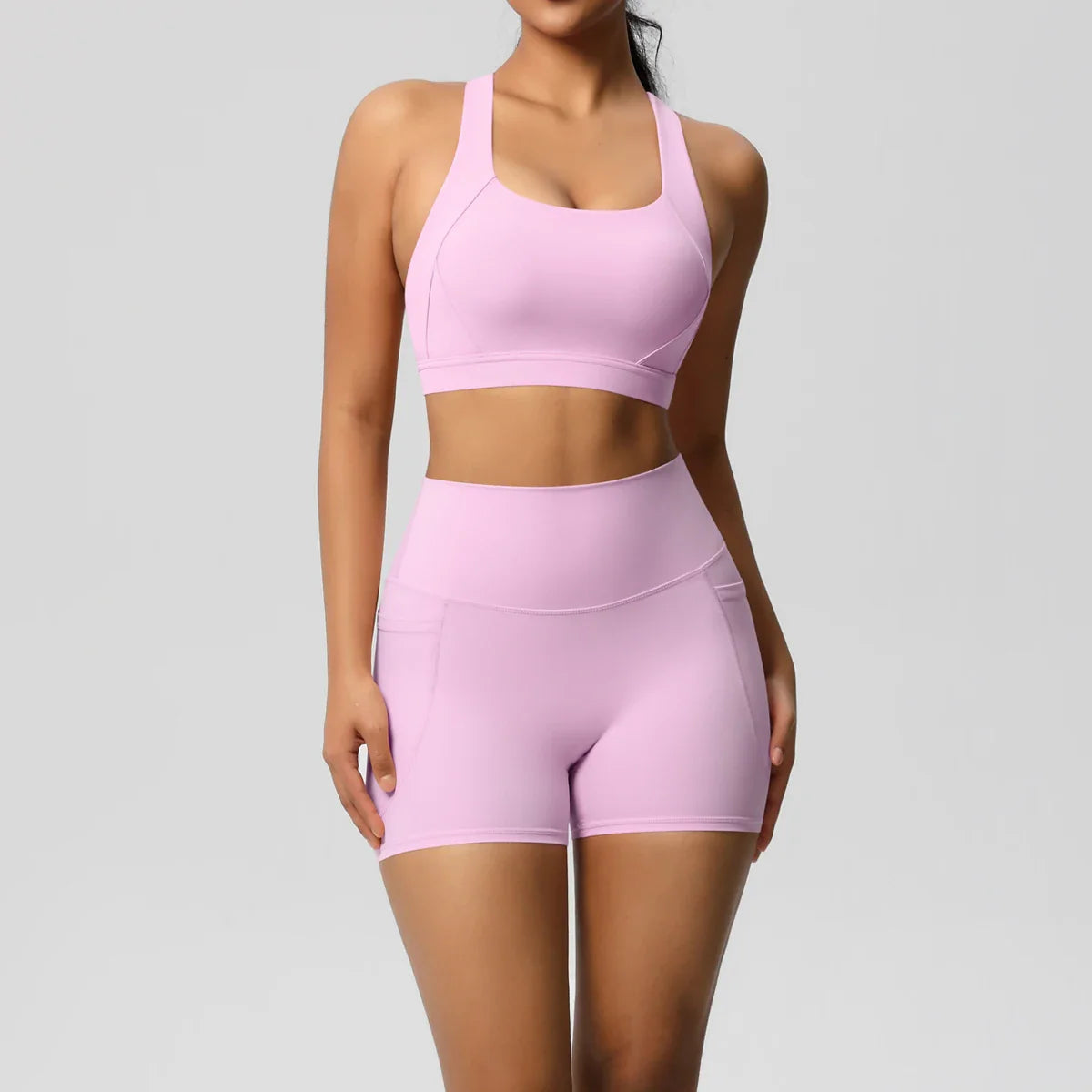 2PCS Pocketed Yoga Set for Women with Crossover Bra and Gym Leggings Workout Tracksuit Sports Shorts Activewear