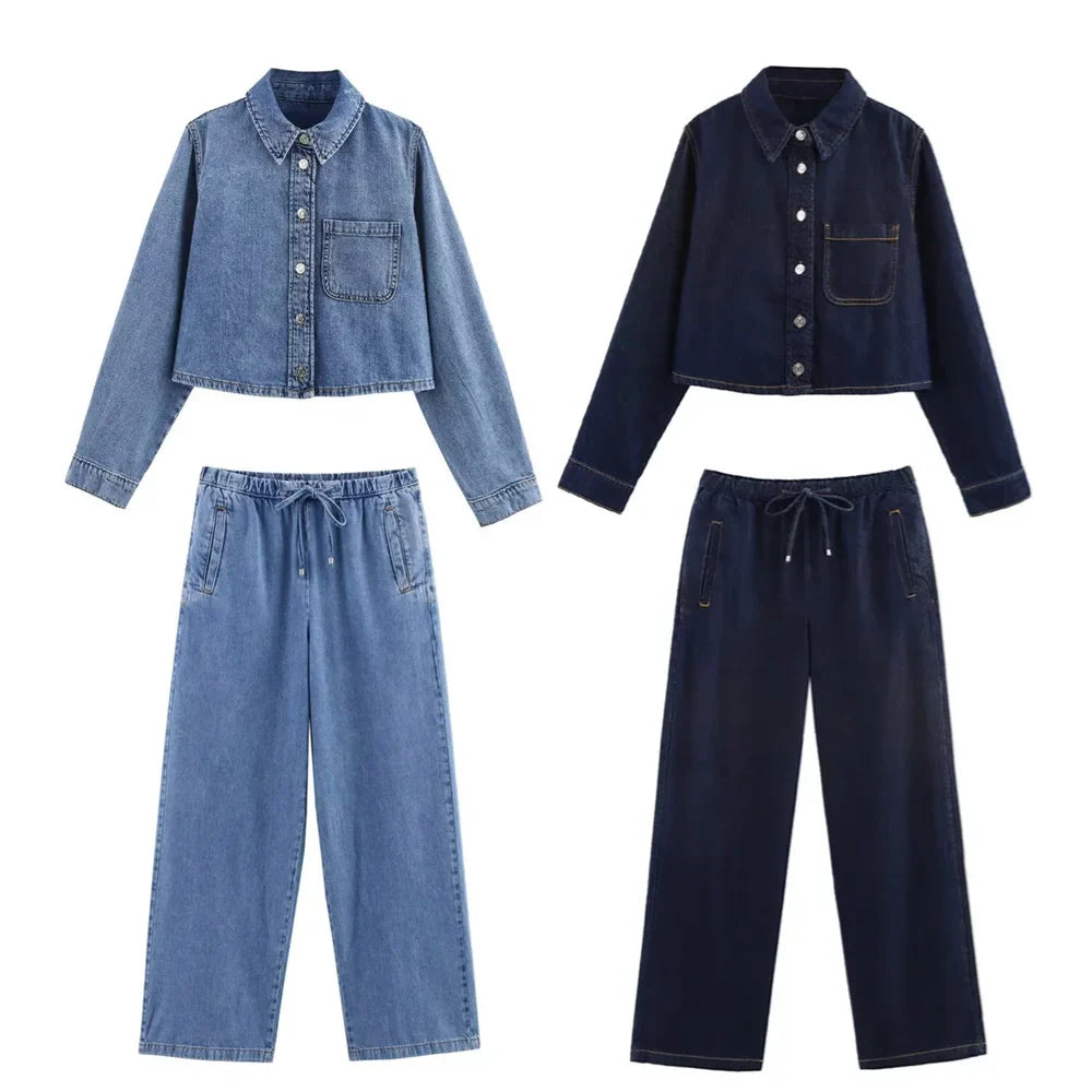 Women's Versatile Denim Long Sleeve Shirt and Pants Set for Casual Spring and Summer Wear