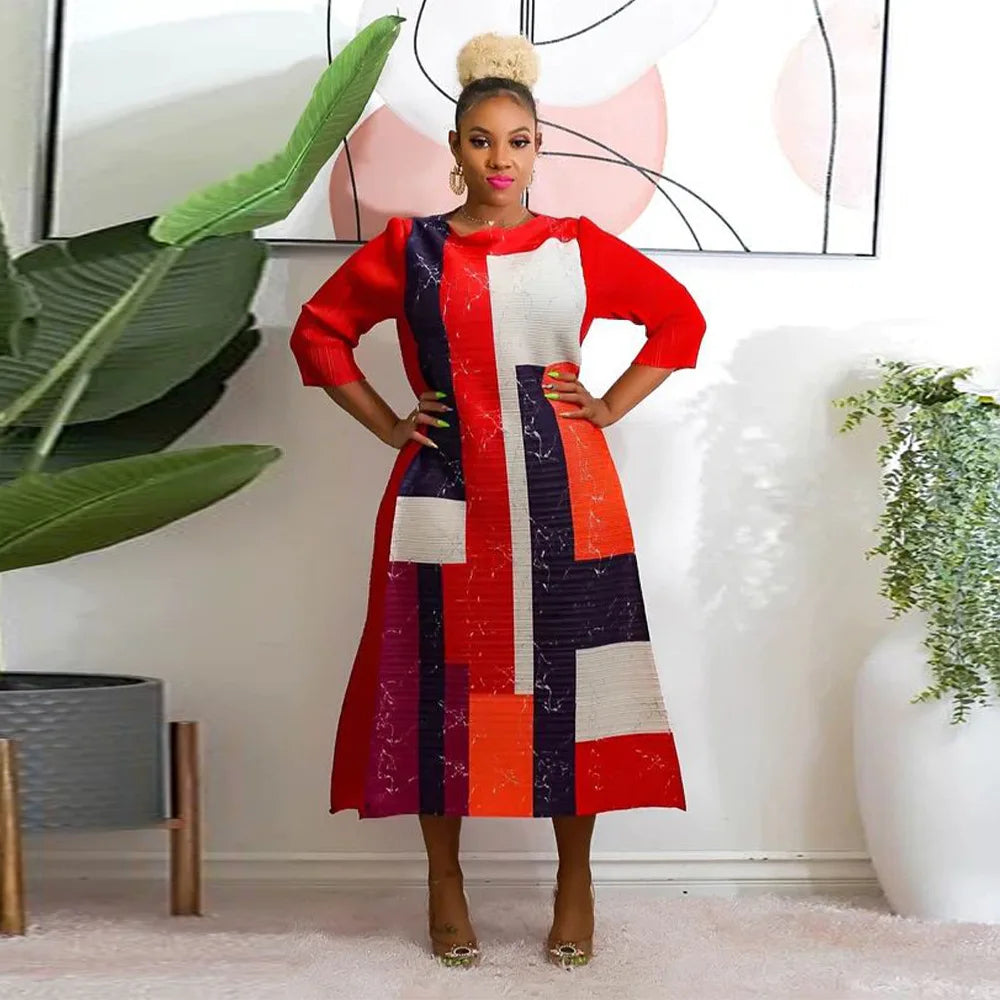 Leaf Print Pleated Boho Maxi Dress for Women Casual Beach