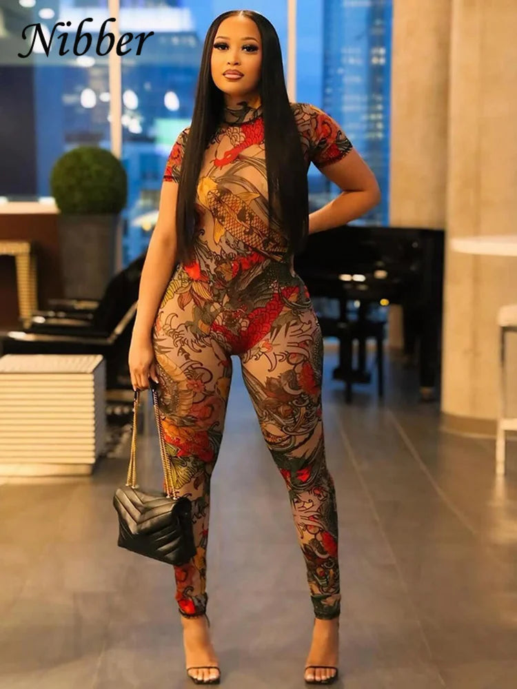 See Through Backless Dragon Print Jumpsuit for Women Short Sleeve Slim Stretch Fitness Workout Overalls Clubwear