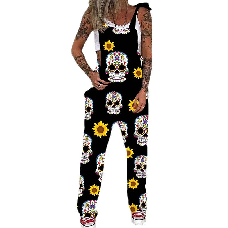 Women's Autumn Lace-Up Skull Print Overalls Jumpsuit with Pockets and Adjustable Straps