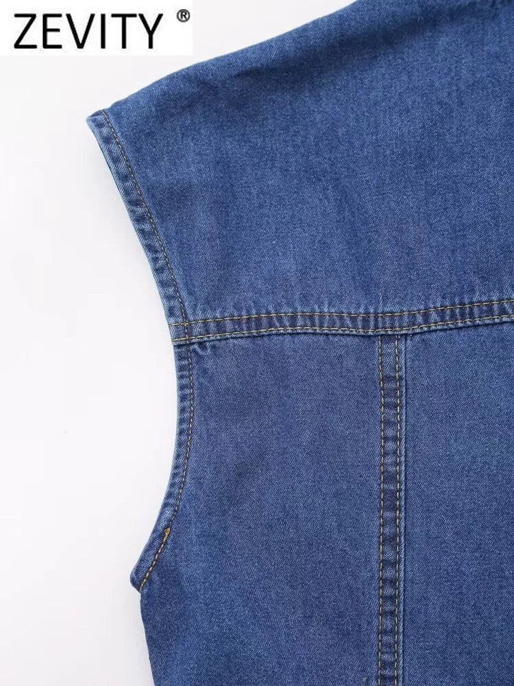 Women Sleeveless Pleated Denim Blouse Single Breasted Office Shirt Chic Casual Top