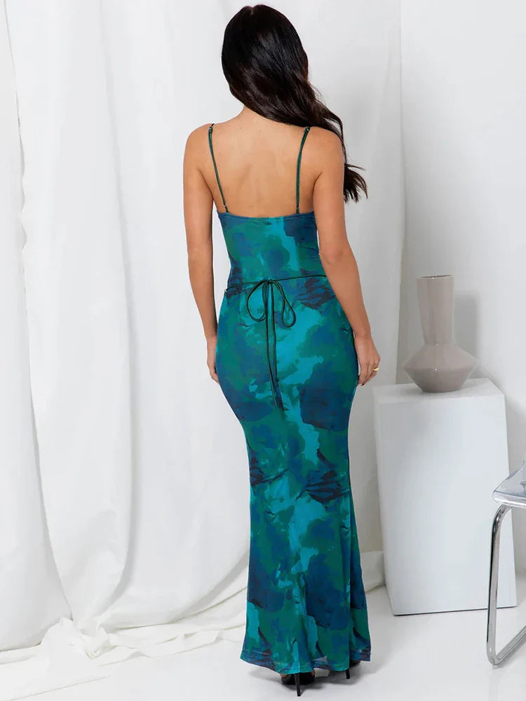 Floral Spaghetti Straps Maxi Dress Backless Evening Party