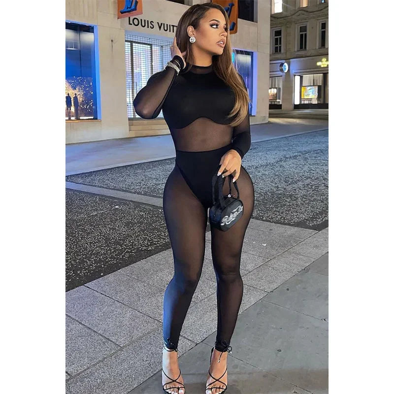 Sexy Black Transparent Mesh Jumpsuit Women Elastic See-Through Bodysuit One Piece Nightclub Outfit