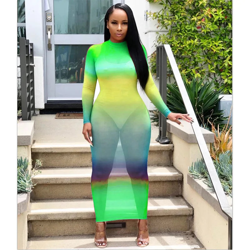 Rainbow Gradient Sheer O Neck Dress For Clubwear Nights