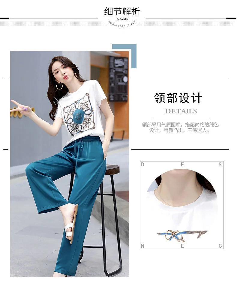 Women's Plus Size Two Piece Suit Set with Short Sleeve Tops and Wide Leg Pants for Casual Summer Fashion