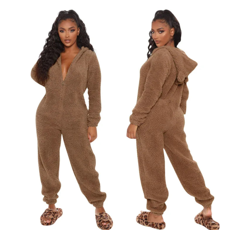 Women's One-Piece Hooded Jumpsuit Thickened Full-Length Overalls Cozy Autumn Winter Wear