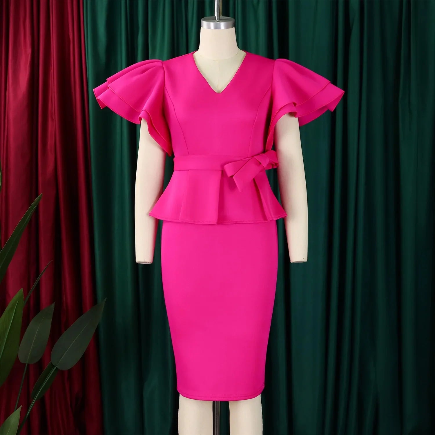 V Neck Bodycon Midi Dress With Ruffle Sleeves For Women