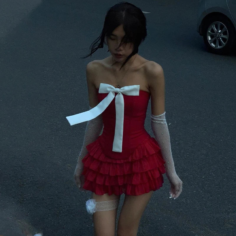 Y2K Bow Applique Mesh Pleated Mini Dress Strapless Backless