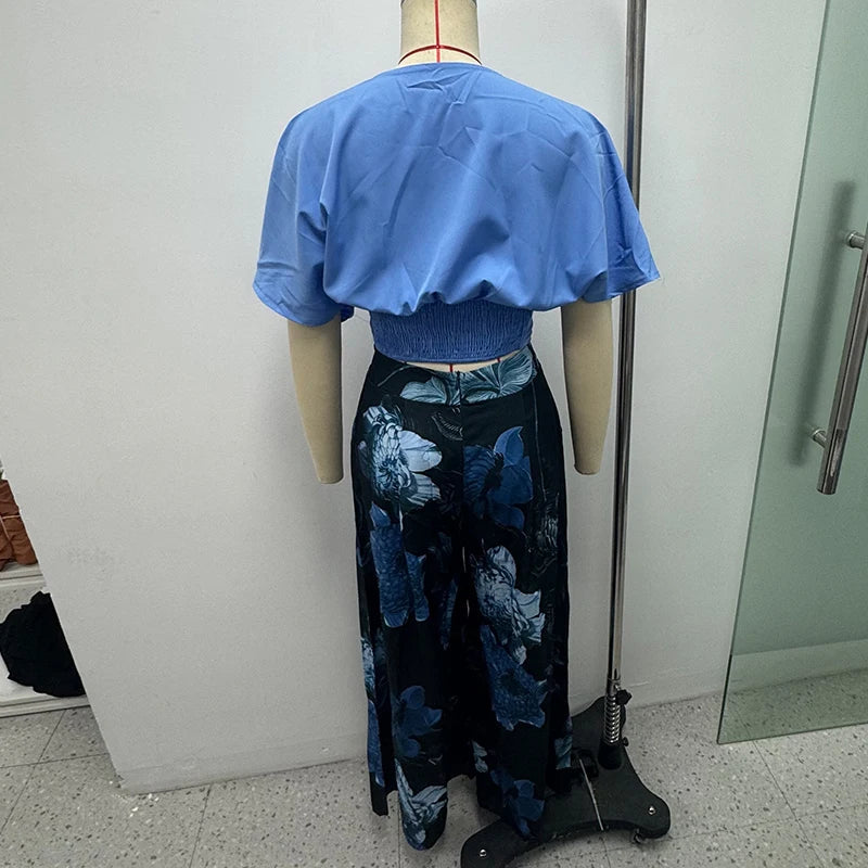 Casual Solid V Neck Short Sleeve Pullover Top and Wide Leg Pant Set for Women