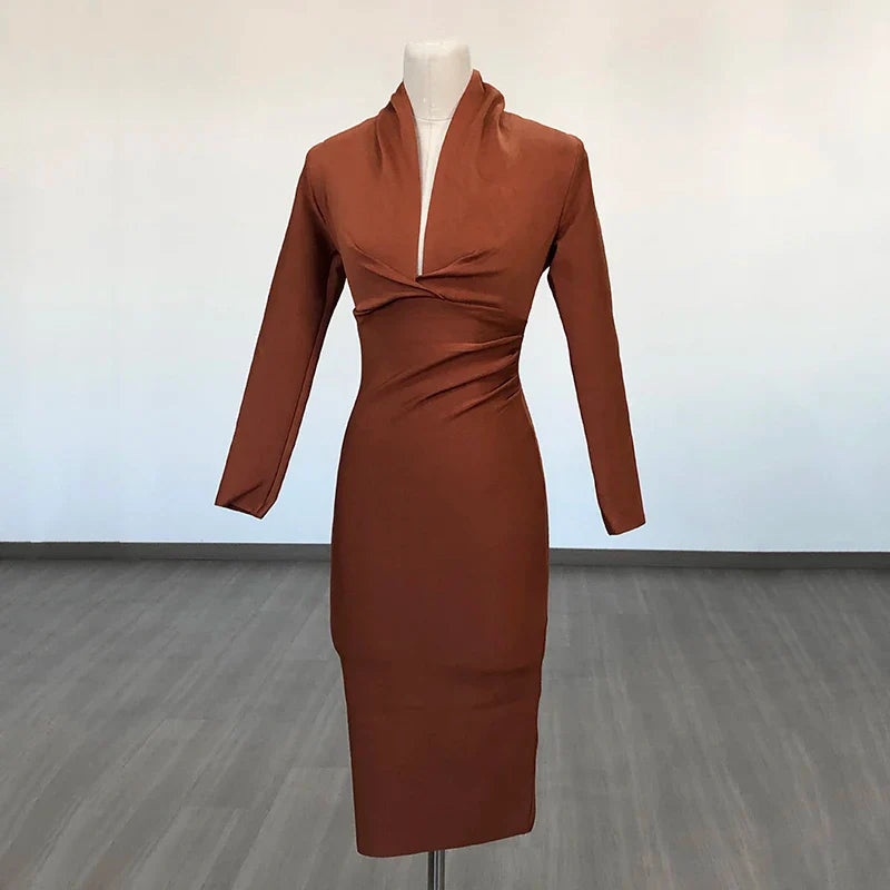 Colorful Deep V Bandage Dress Long Sleeve Bodycon Dress