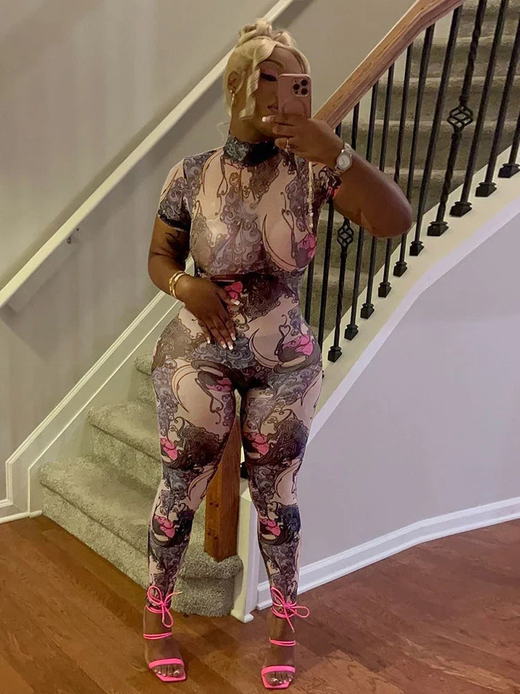 Colorful Mesh Print Jumpsuit for Women Sheer Backless Summer Clubwear Peach Buttocks Contour Tight Fit Overalls