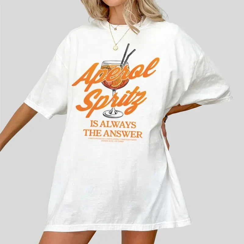 Aperol Spritz Vintage Cocktail Party Graphic T-Shirt for Women with Fun Quotes and Loose Cotton Fit