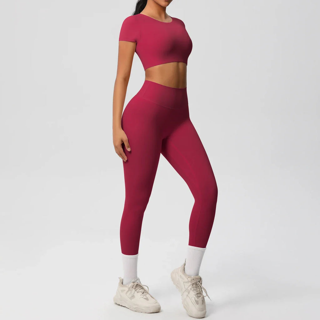 Yoga Set for Women Fitness Sportswear with Short Sleeve Top and High Waist Leggings