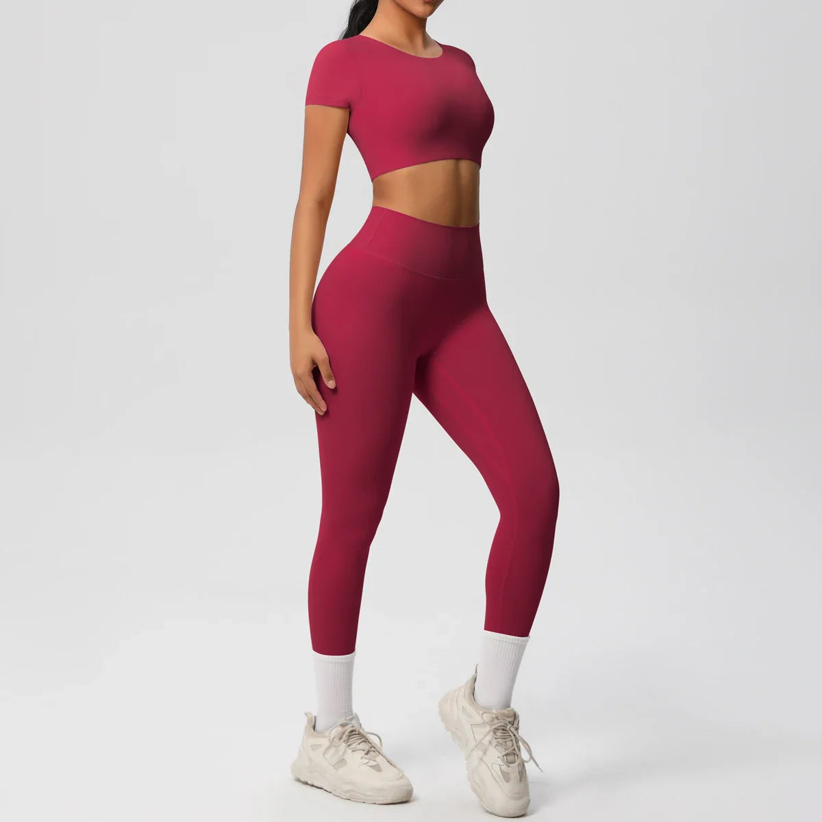 Yoga Set for Women Fitness Sportswear with Short Sleeve Top and High Waist Leggings