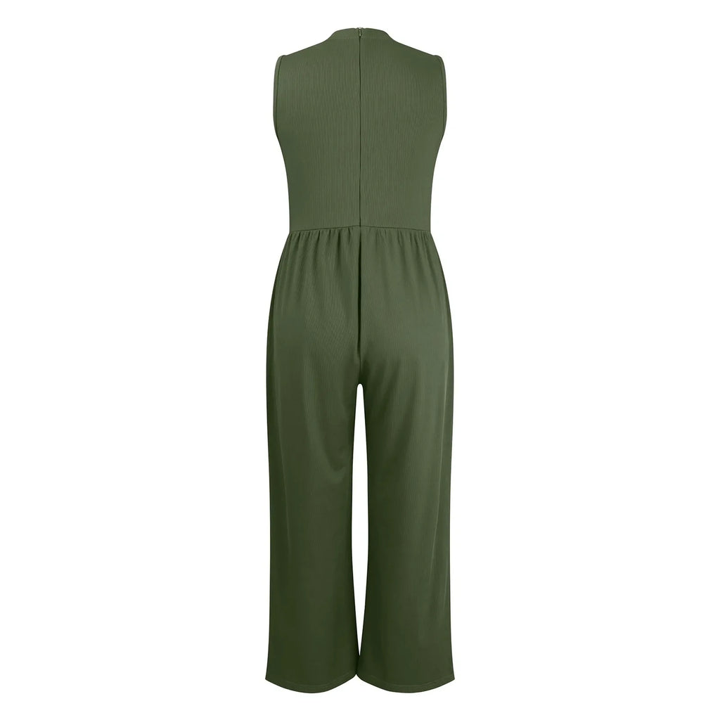 Women Sleeveless High Neck Ribbed Tank Top Jumpsuit Wide Leg Pants Romper with Tummy Control and High Waist Casual Summer Outfit