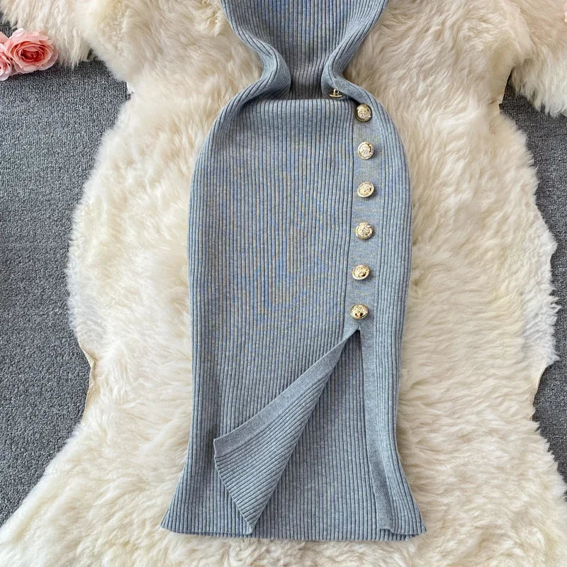 Black Knitted Bodycon Dress Slim Elastic Streetwear